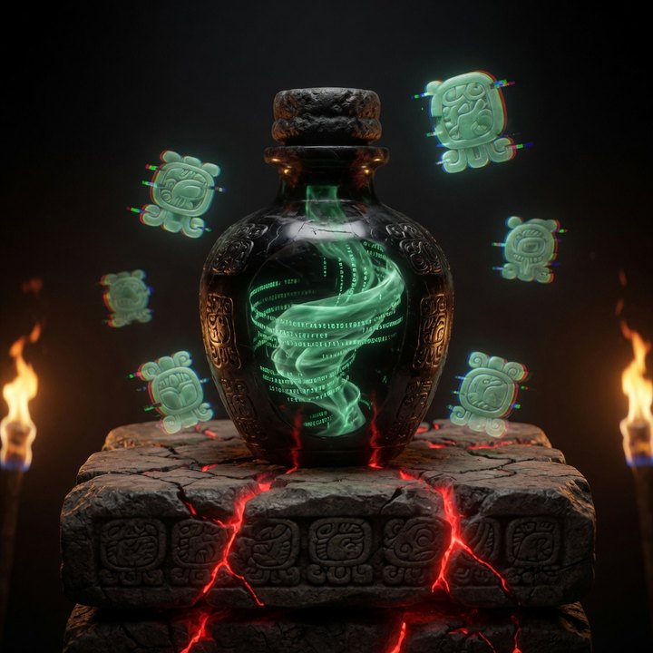 An obsidian code-bottle glowing with green cipher-smoke on a cracked glyph altar